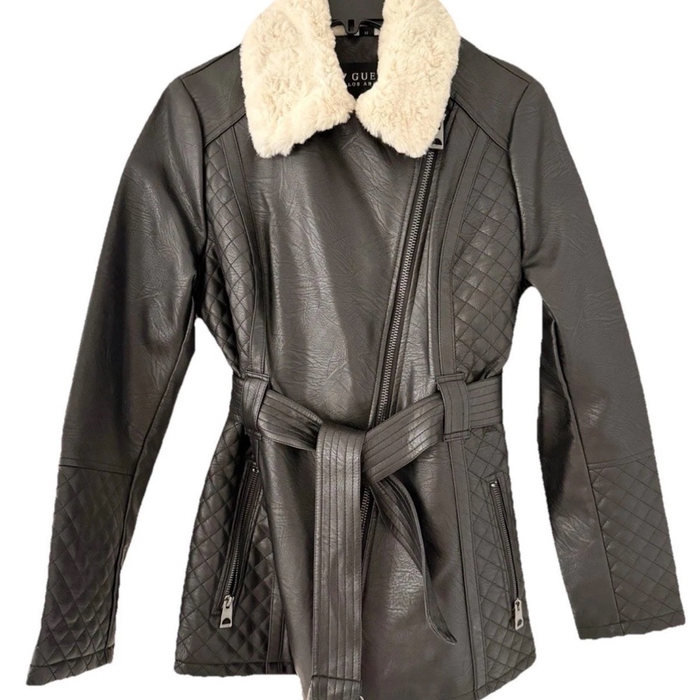 GUESS Black Faux Leather Jacket with Cream Faux Fur Collar